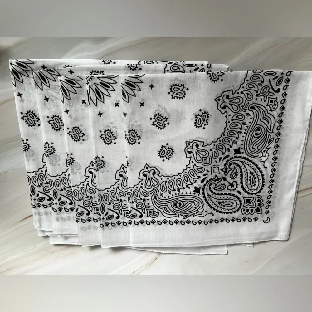 Set of 4 Paisley Cowboy Western Bandanas Multi-Purpose White Scarf 100% Cotton